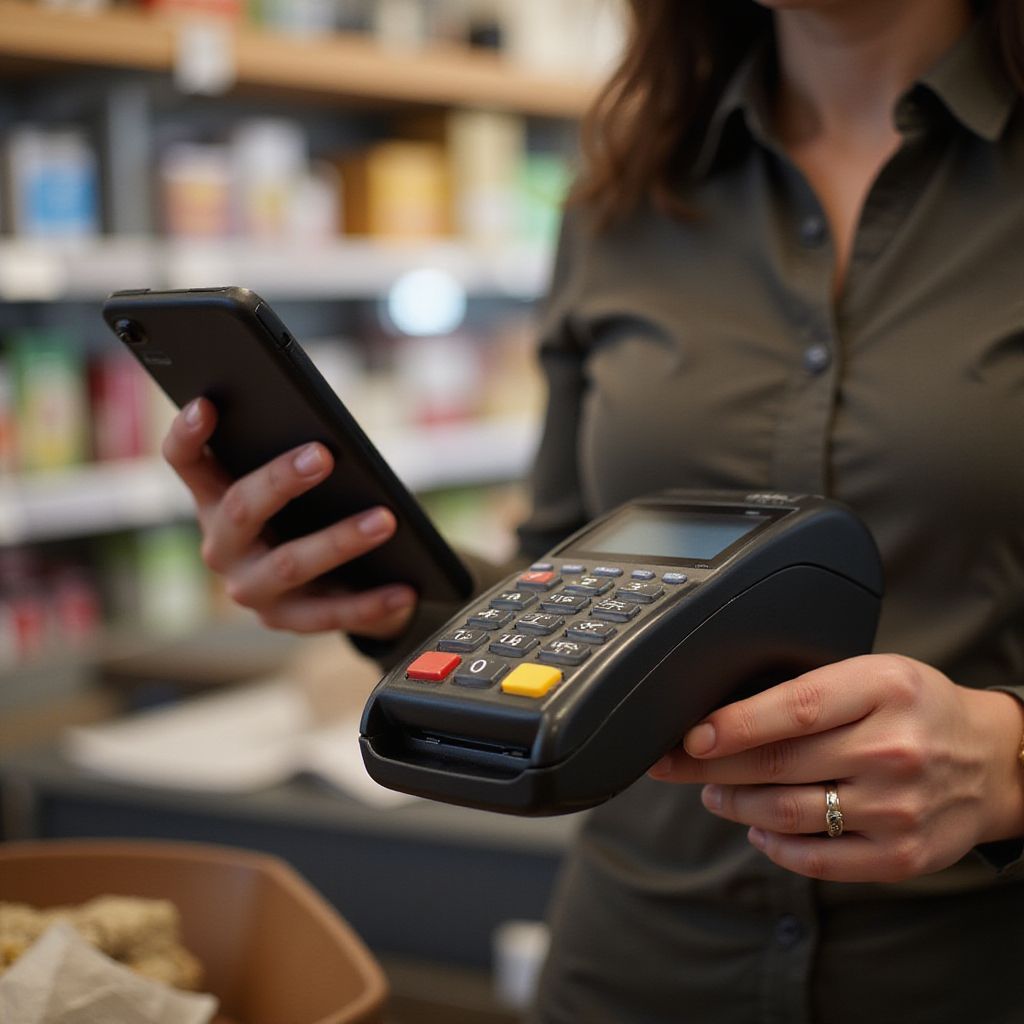 Woman using smartphone to pay at a store; holding phone over a card reader.