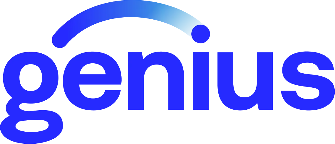 Blue "genius" logo with a blue arc over the word.
