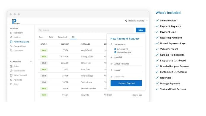 Screenshot of a payment request management interface with a list of payment entries and a