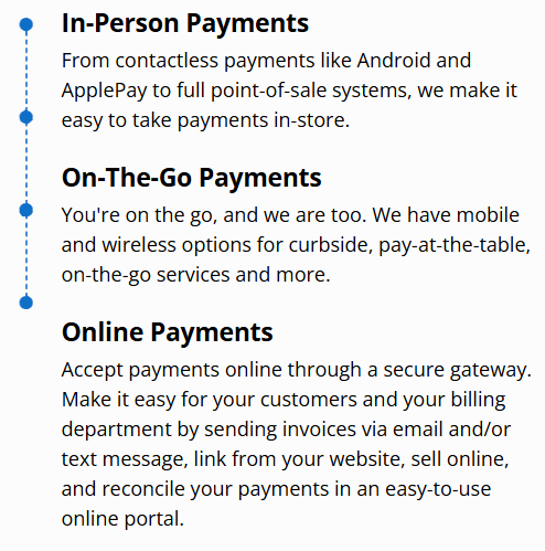 Sections detailing payment options: In-Person, On-The-Go, and Online, with descriptive text for each.