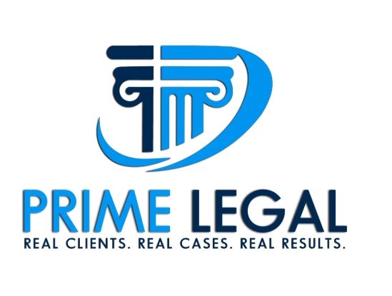 Logo for Prime Legal: blue column icon with curved line and text 