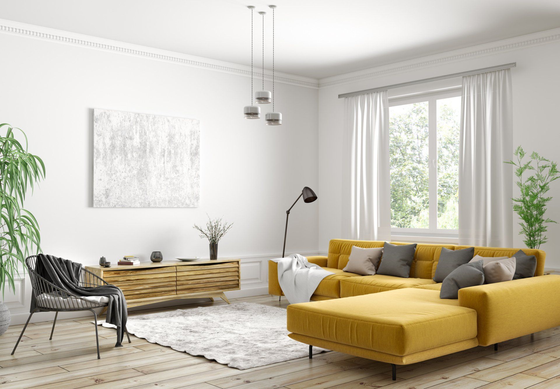 Living Room With Yellow Couch and White Curtains