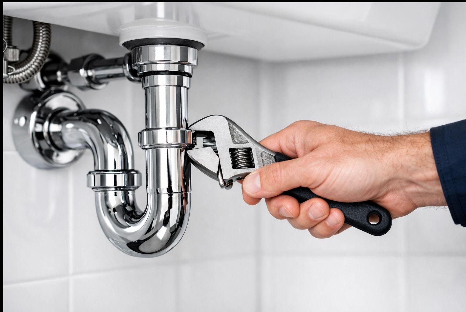 Hand using a wrench to tighten a chrome pipe under a sink.