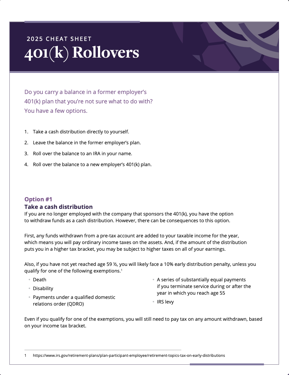 401(k) Rollovers cheat sheet. Purple and white, text and lists on the topic of retirement accounts.