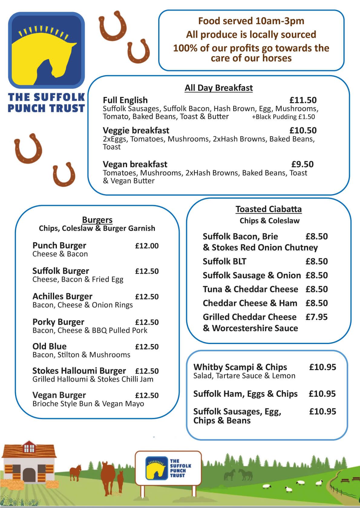 The Suffolk Punch Trust Menu, with locally sourced produce, all days breakfasts, burgers, toasties, and pub favourites