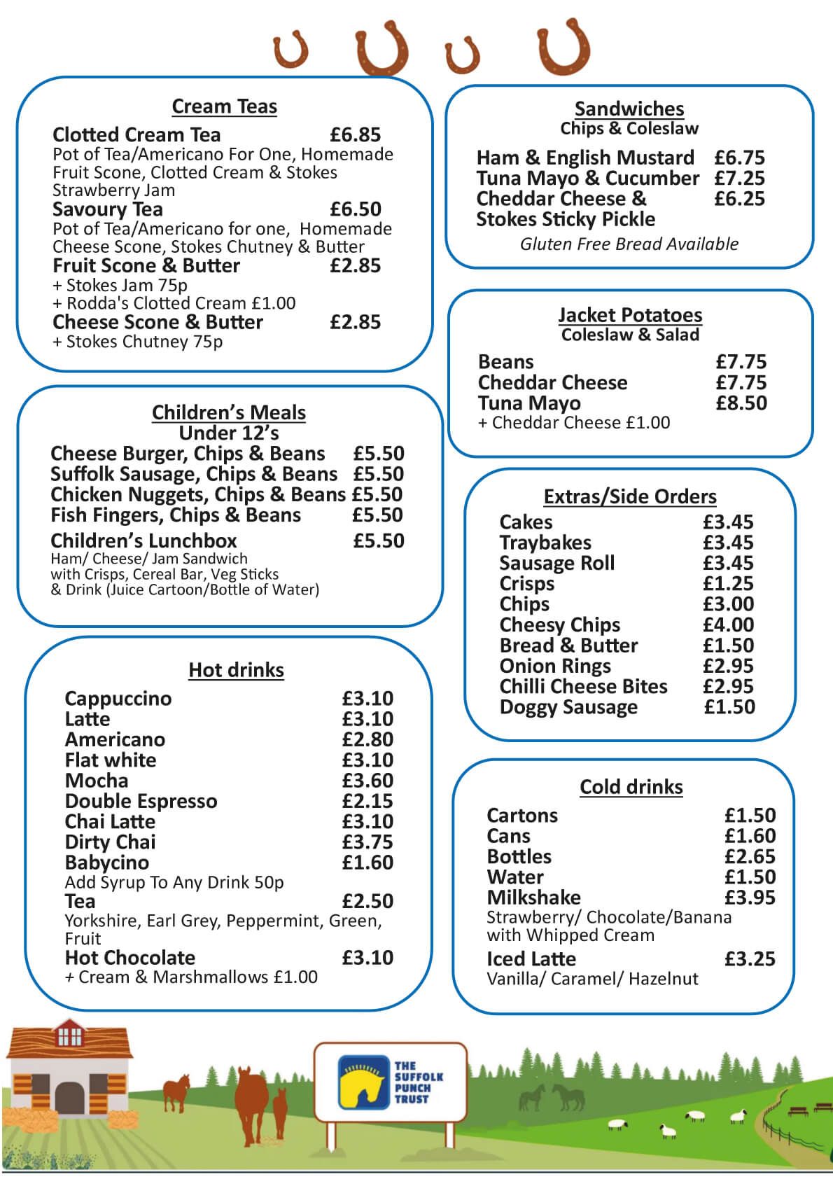 The Suffolk Punch Trust Menu, with cream teas, kids meals, hot drinks, sandwiches, jacket potatoes, chips and cold drinks