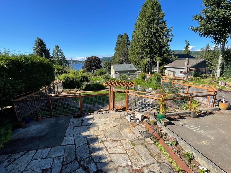 A sunny garden scene with a stone patio, wooden fence, and distant water view.