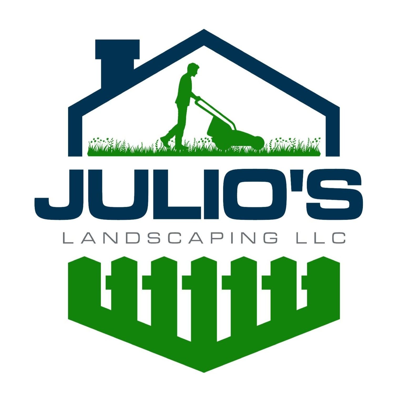 Logo of "Julio's Landscaping LLC": A man mowing grass within a house outline, above a green fence.