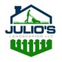 Logo of "Julio's Landscaping LLC": A man mowing grass within a house outline, above a green fence.