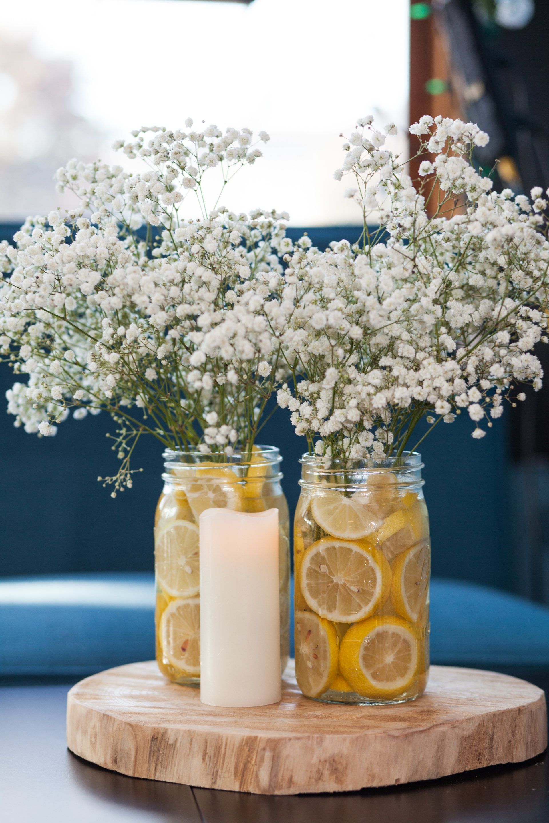 lemoncenterpiece lemons centerpiece BellaVueEvents candles wood rentable