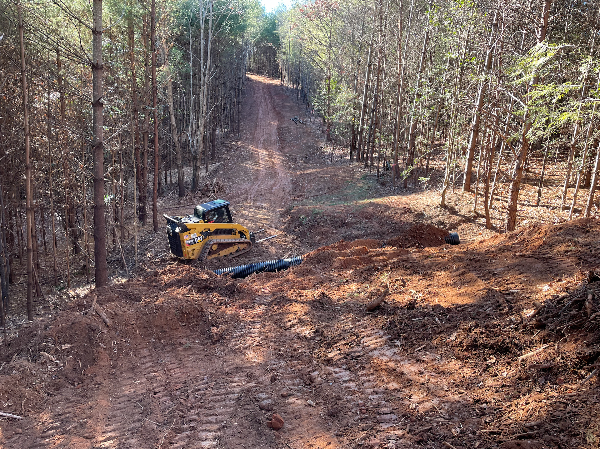 A bulldozer is driving down a dirt road in the woods.