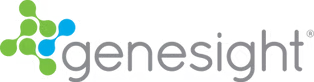 Genesight logo with molecular structure, green and blue spheres connected to grey text.