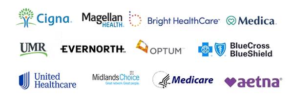 Logos of various health insurance providers, including Cigna, United Healthcare, Aetna, and BlueCross BlueShield.