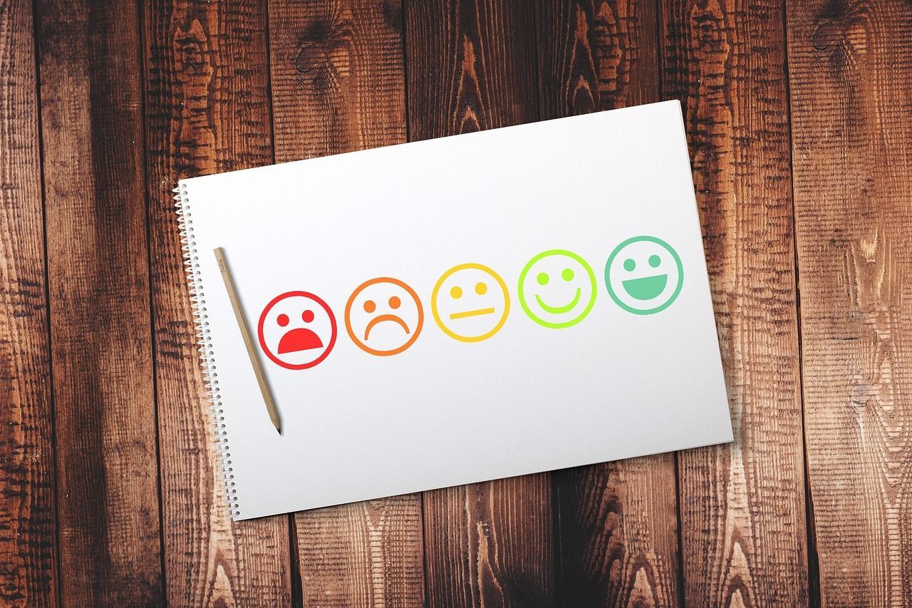 White paper with emoji faces from sad to happy, wooden background, pencil beside.