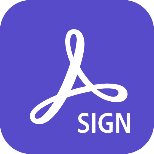 Icono de la aplicación Adobe Sign: símbolo de firma blanco sobre un cuadrado morado con el texto 