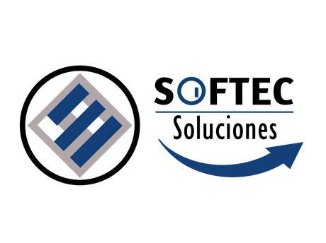 Logotipo para Softec Soluciones, que presenta circular con una forma geométrica azul y gris, y el nombre de la empresa.