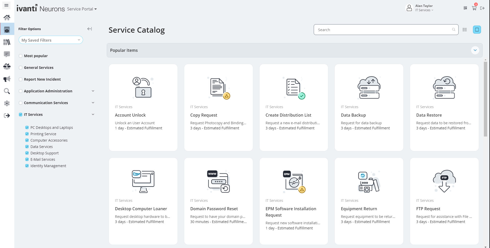 Panel de catálogo de servicios con varios íconos de servicio.