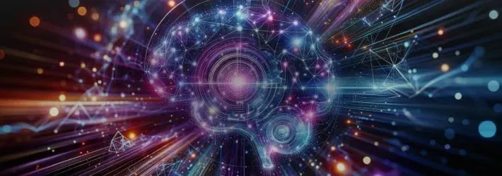 Abstract depiction of a brain with glowing, interconnected lines and lights, suggesting neural networks and technology.