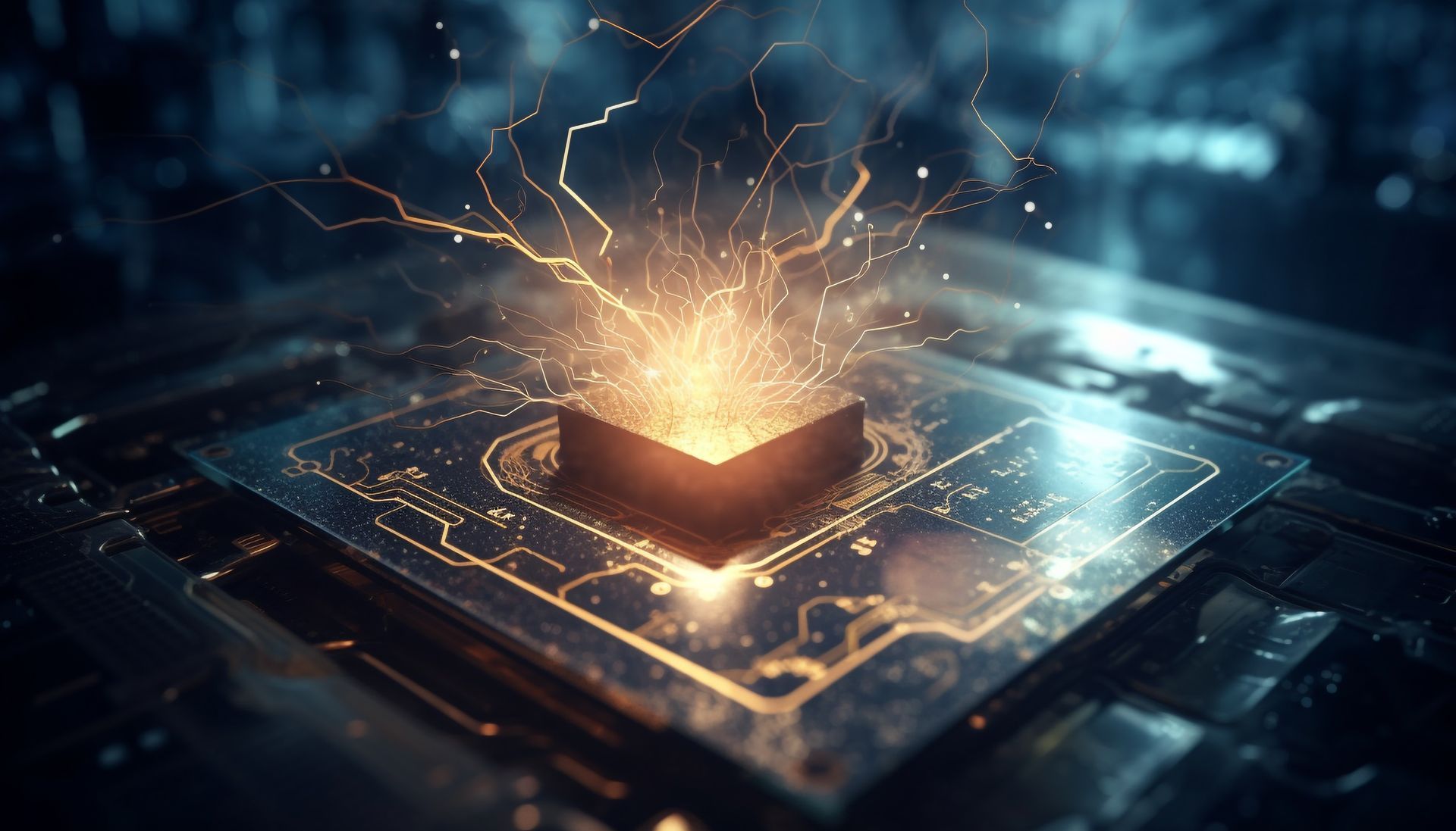 A computer chip with a light coming out of it.