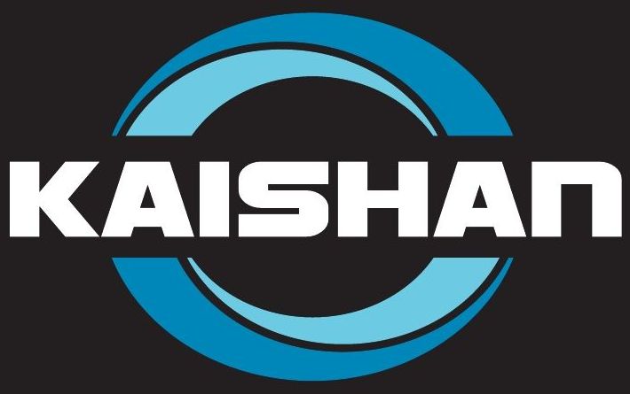 A blue and white logo for kaishan on a black background