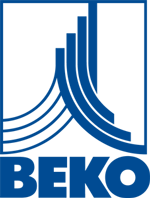 A blue and white logo for beko with a white background
