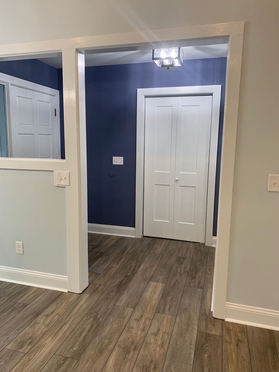 Interior view of a room with a blue accent wall, white doors, and wood-look flooring.