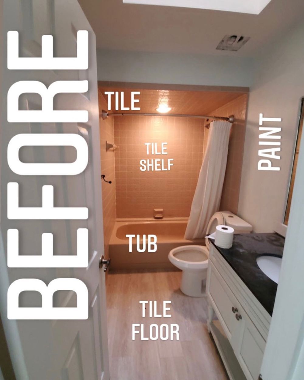 Before bathroom, showing a tub, toilet, vanity, and tile floor and wall. Labeled with annotations.