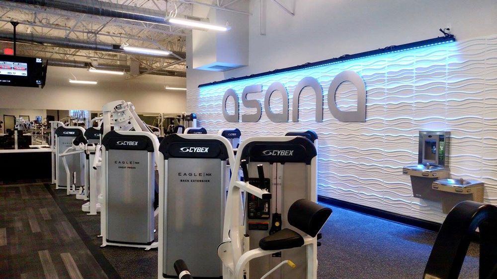 Gym interior with weight machines,