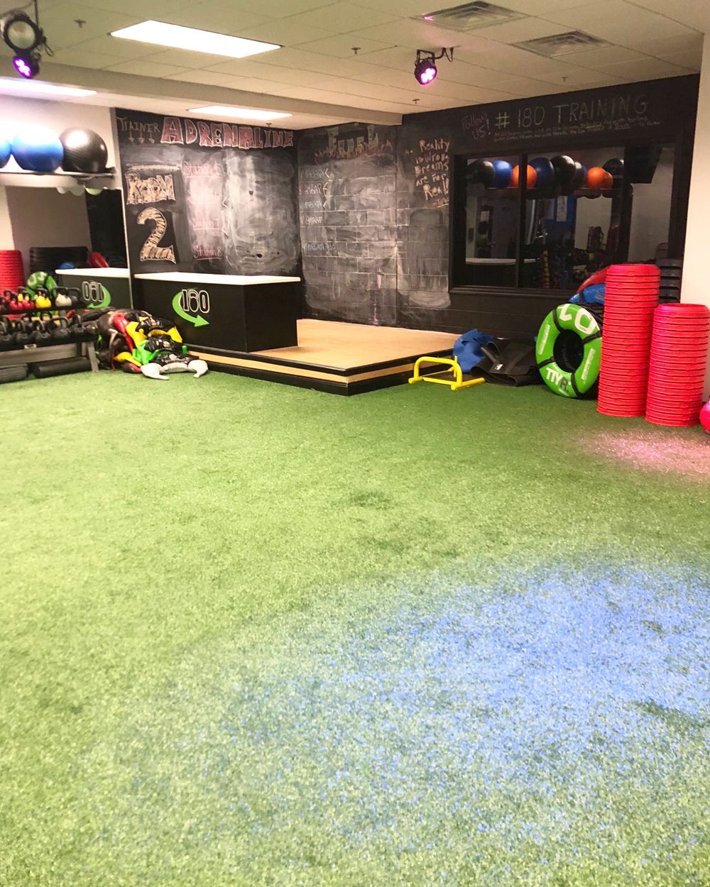 Gym interior with artificial turf flooring and exercise equipment.