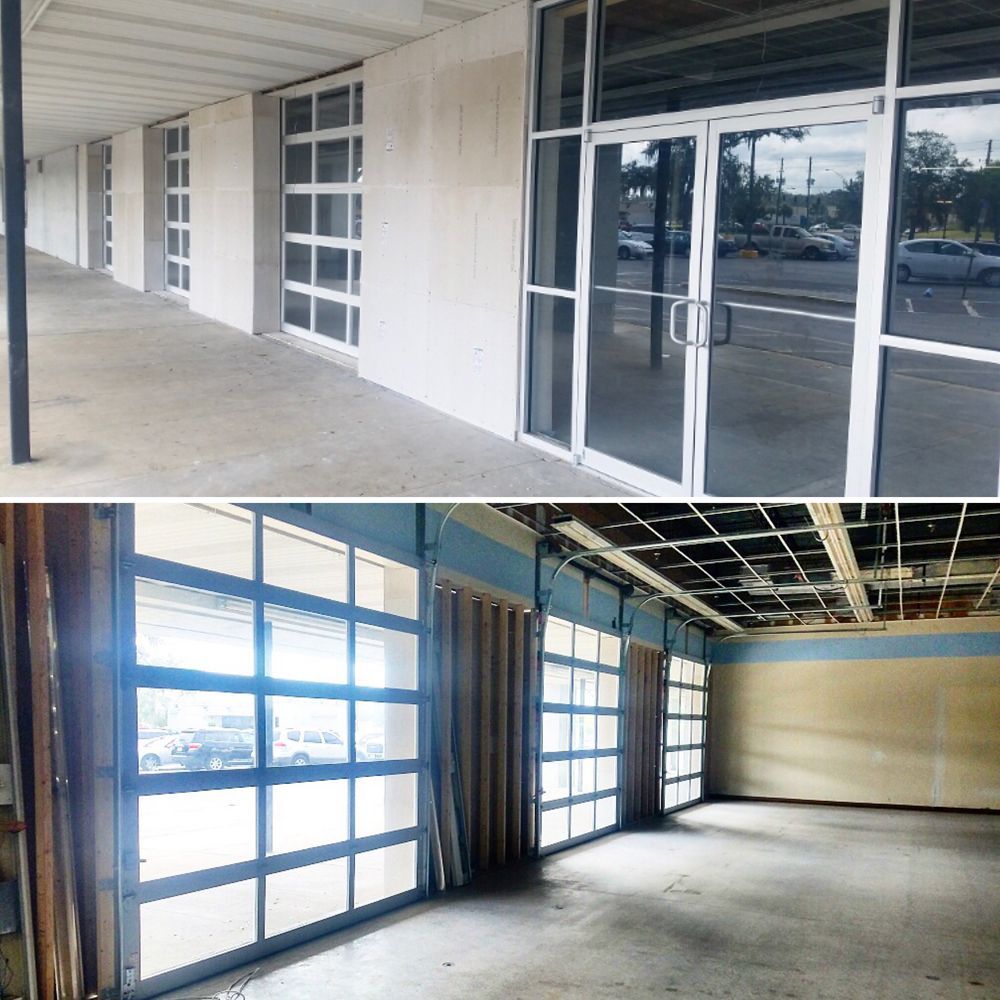 Exterior and interior views of a building with large glass windows.