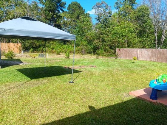 A backyard with a canopy and a water table.