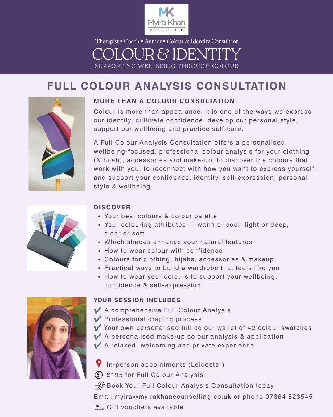 Flyer for the Signature Full Colour Analysis Consultation with Myira Khan, a professional Colour Me Beautiful colour analysis experience