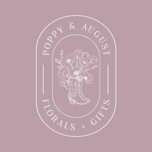 Poppy & August Florals + Gifts logo: Flowers in a cowboy boot, surrounded by text in a circle.