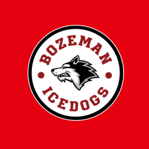 Bozeman Icedogs logo: snarling husky head in a black and white design with surrounding text in red.