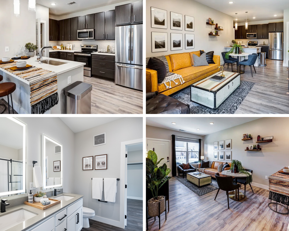 Modern apartment living room with brown leather sofa, wooden floors, and decor.