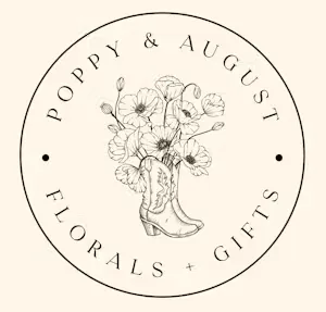 Poppy & August Florals + Gifts logo: Flowers in a cowboy boot, surrounded by text in a circle.