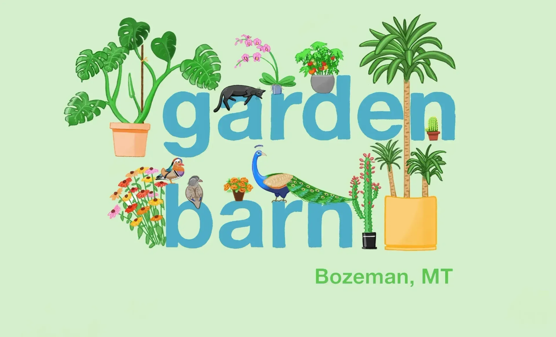 Garden Barn logo with plants, a peacock, and a panther. Bozeman, MT.