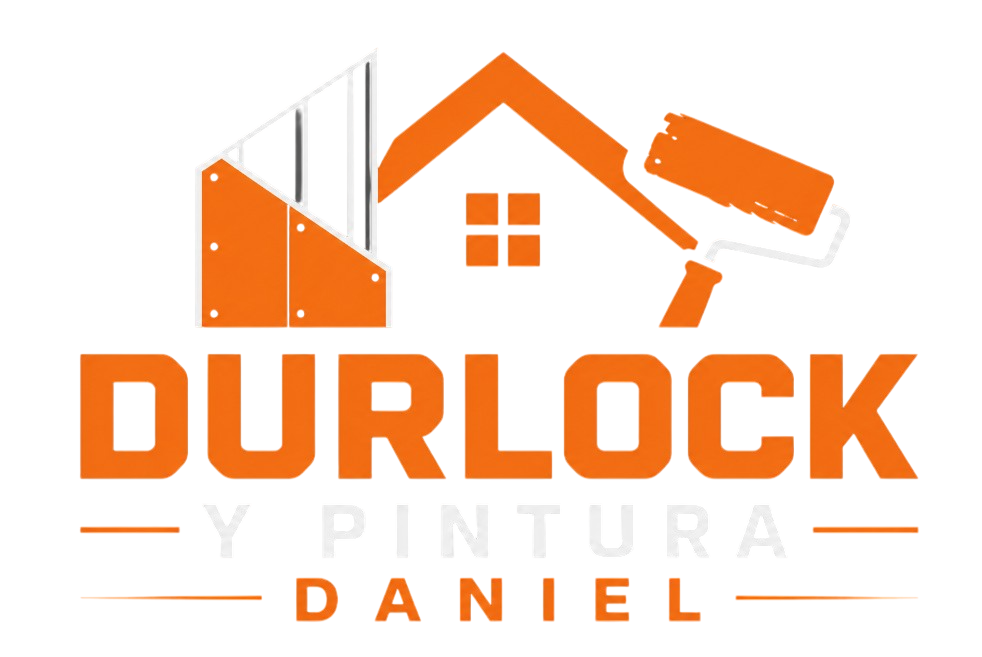 Logotipo naranja con la inscripción “DURLOCK Y PINTURA DANIEL” e iconos de pared y rodillo de pintura.