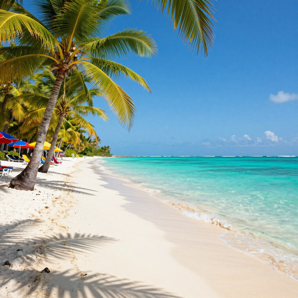 Playa tropical soleada con arena blanca, agua turquesa y palmeras bajo un cielo azul.