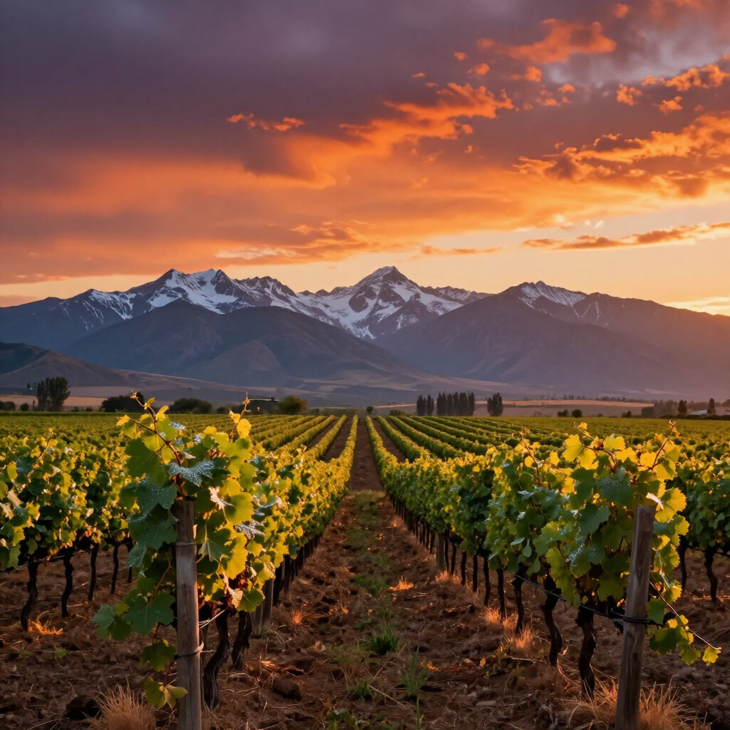 Hileras de viñedos al atardecer con montañas nevadas y nubes naranjas al fondo.