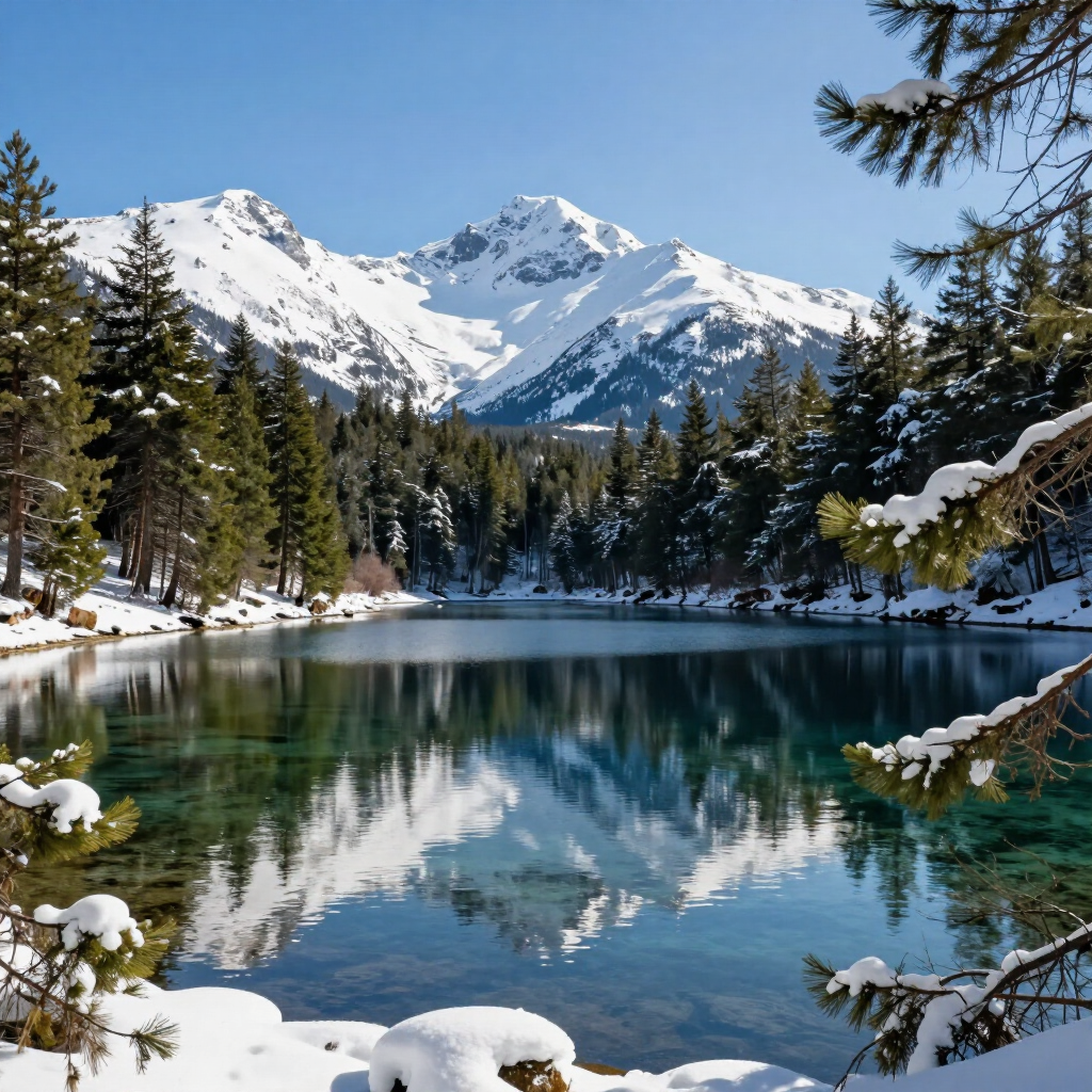 Montañas nevadas reflejadas en un tranquilo lago alpino de color turquesa, enmarcadas por pinos.