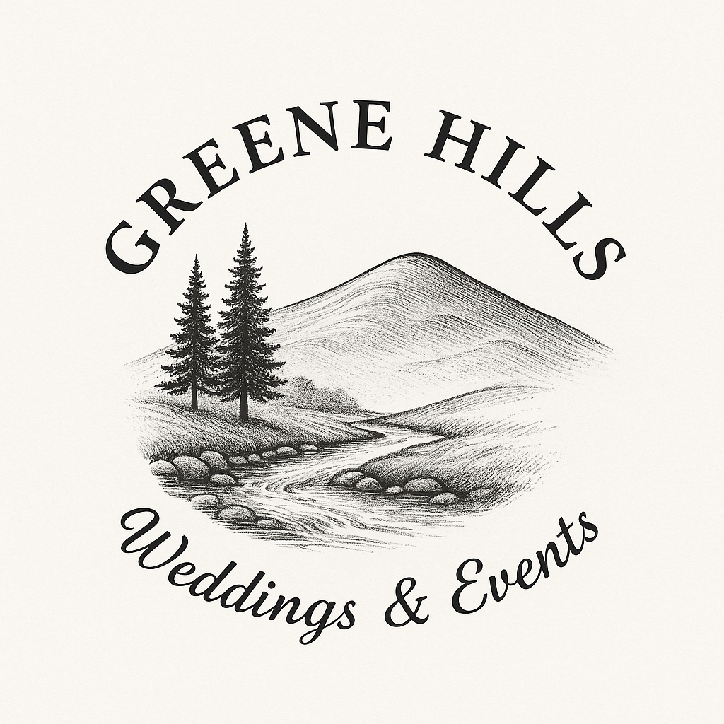 The logo for greene hills resort and campground shows a house surrounded by trees and a river.