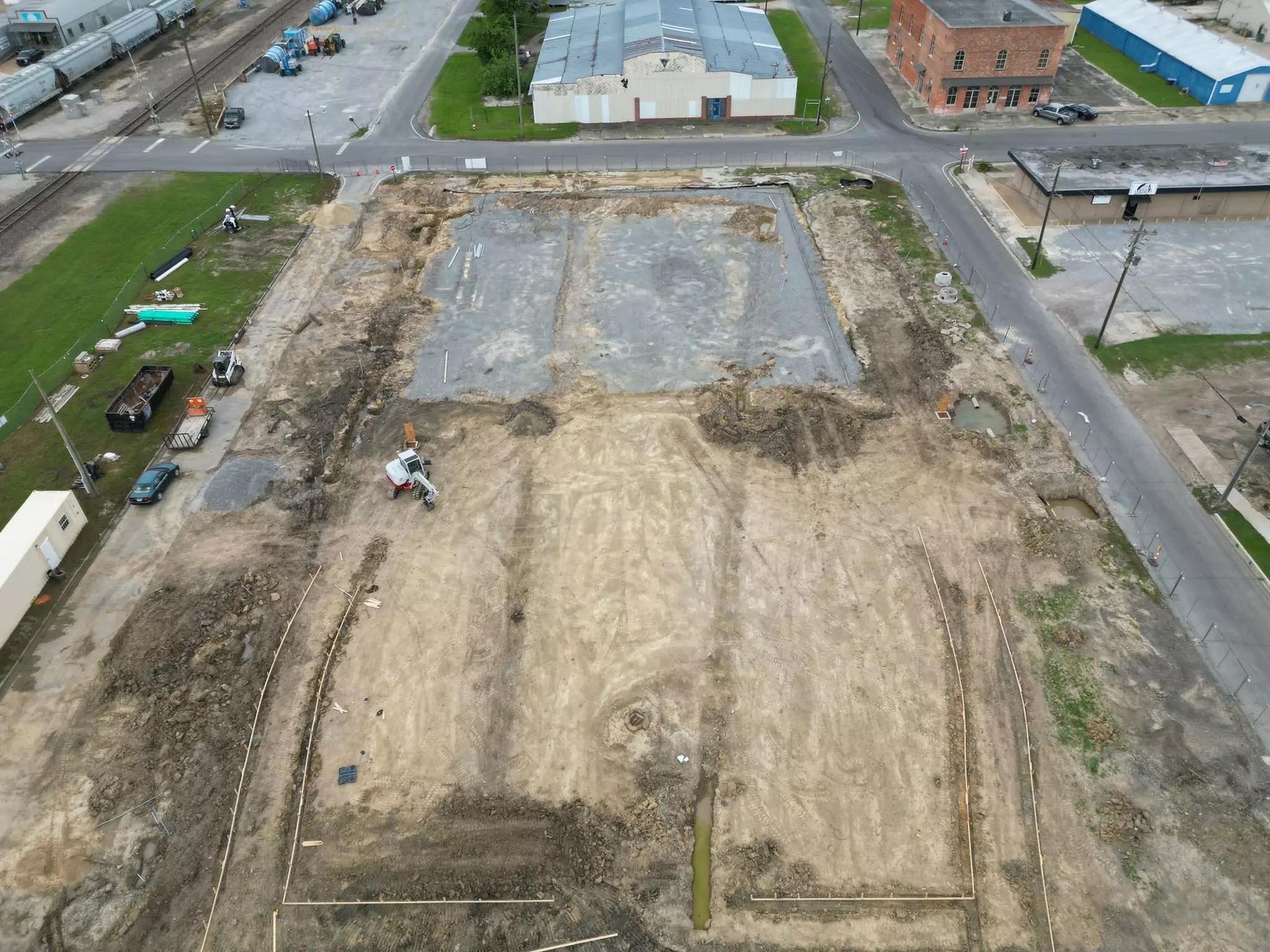 An aerial view of a construction site in a city.