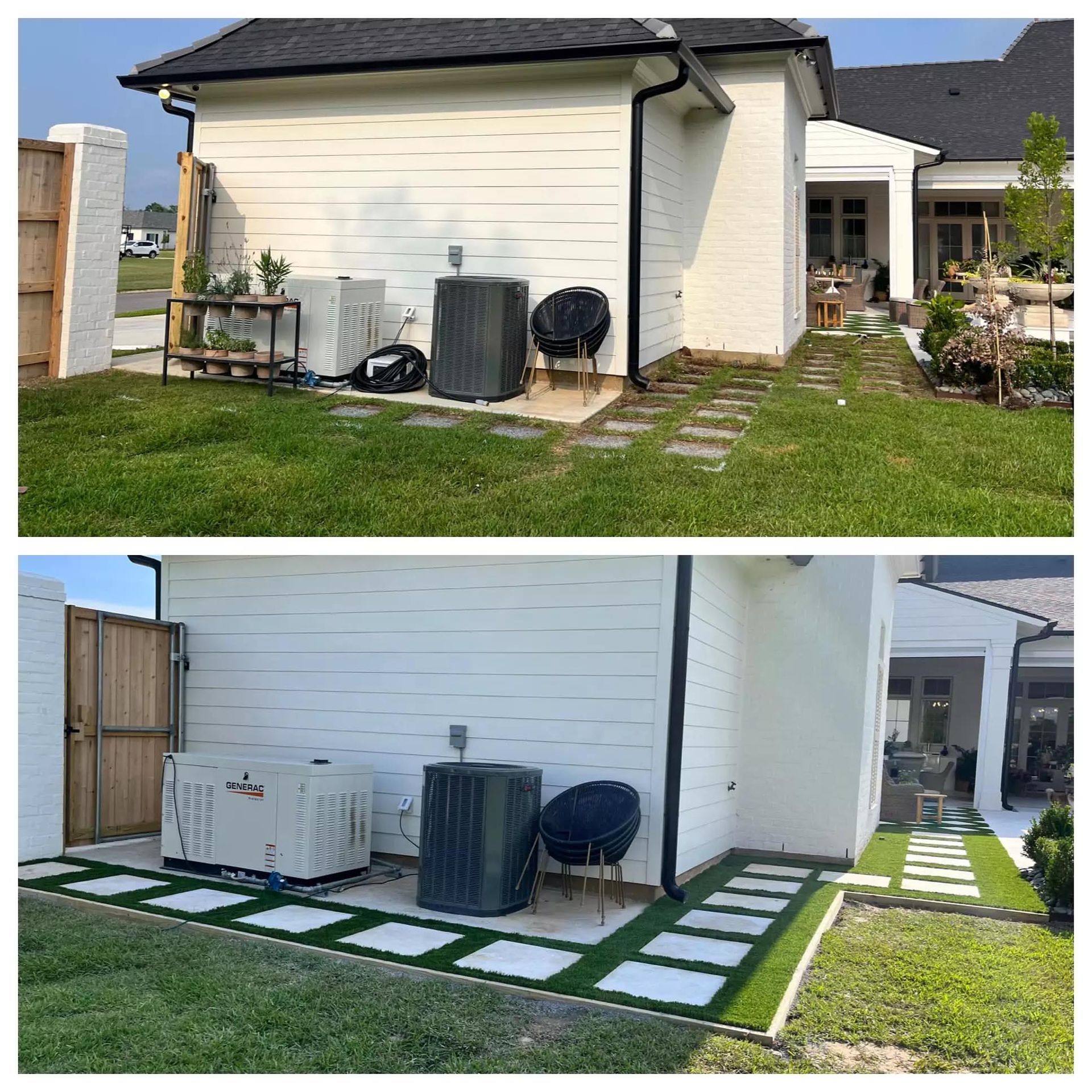 A before and after picture of a house with a lawn and a patio.
