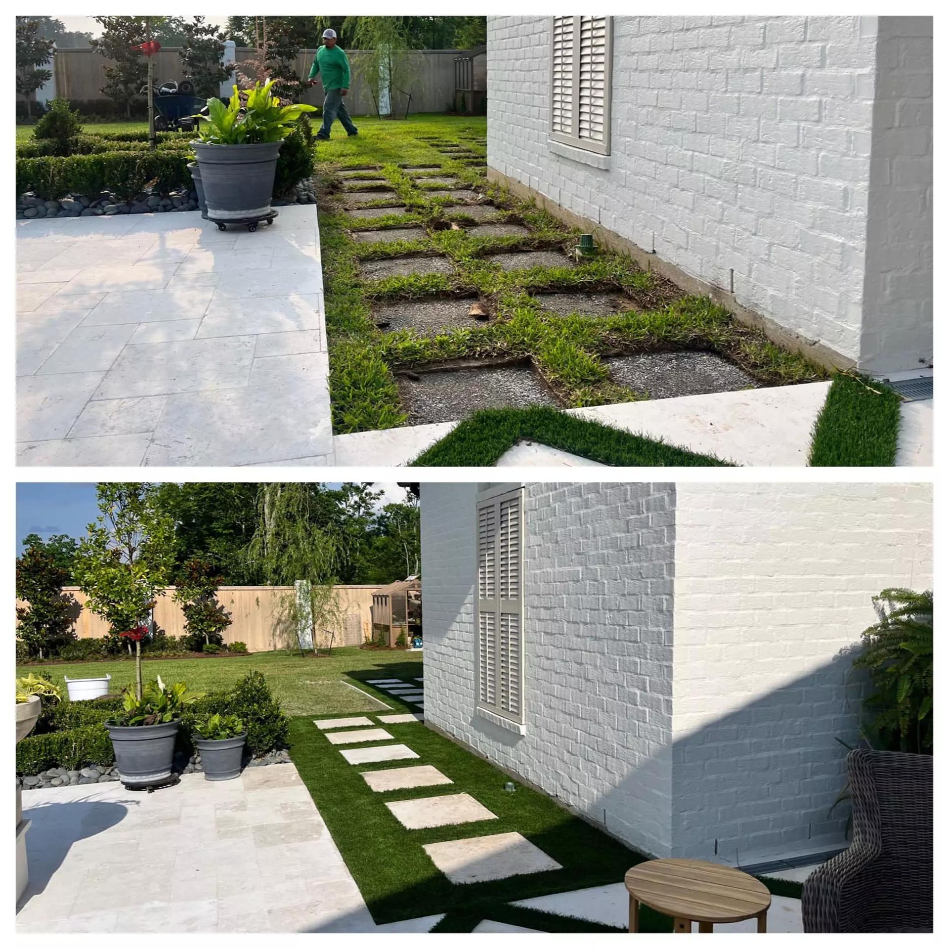 A before and after picture of a patio and lawn