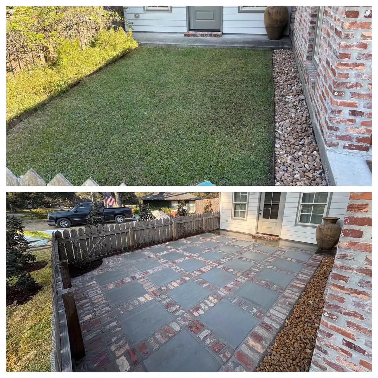 A before and after picture of a lawn and a brick walkway.