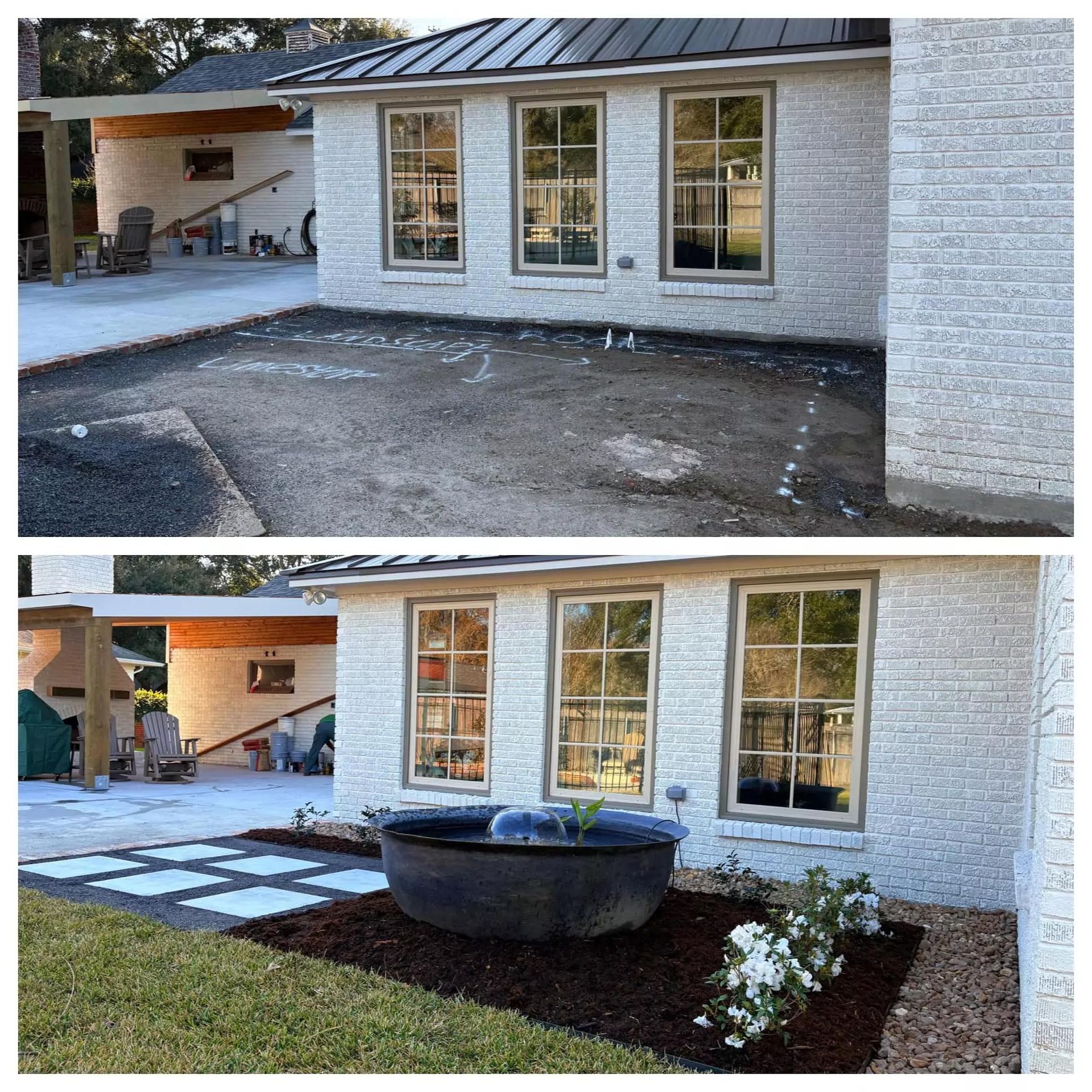 A before and after picture of a brick house