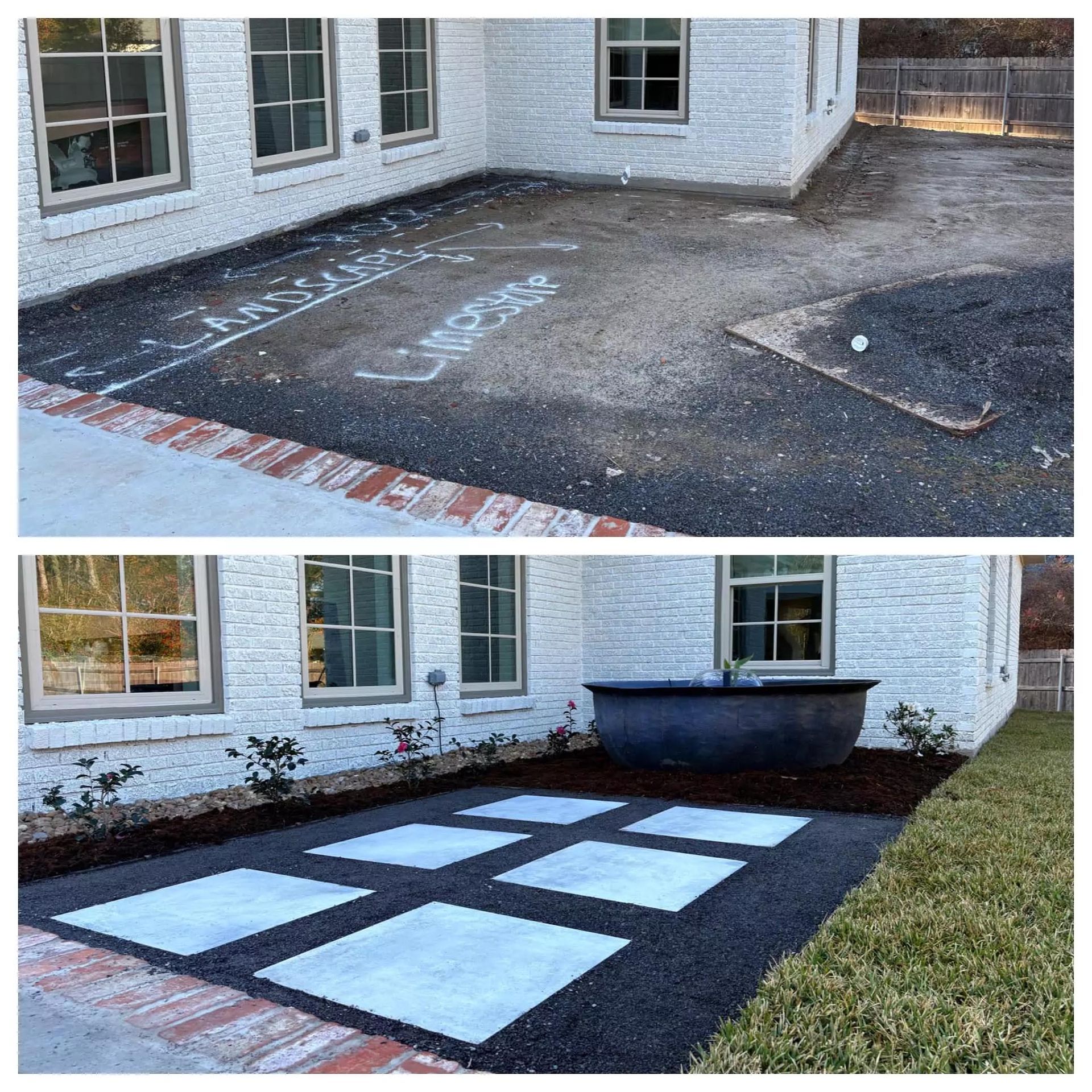 A before and after photo of a driveway and patio