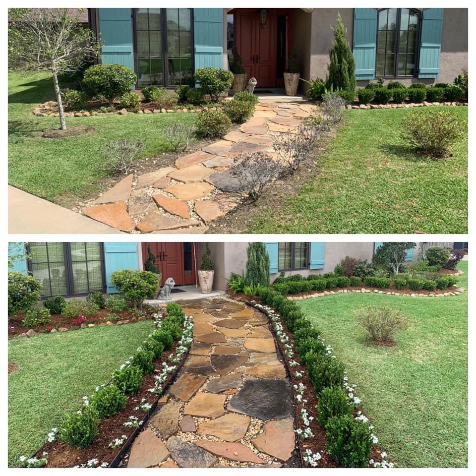 A before and after picture of a stone walkway in front of a house.