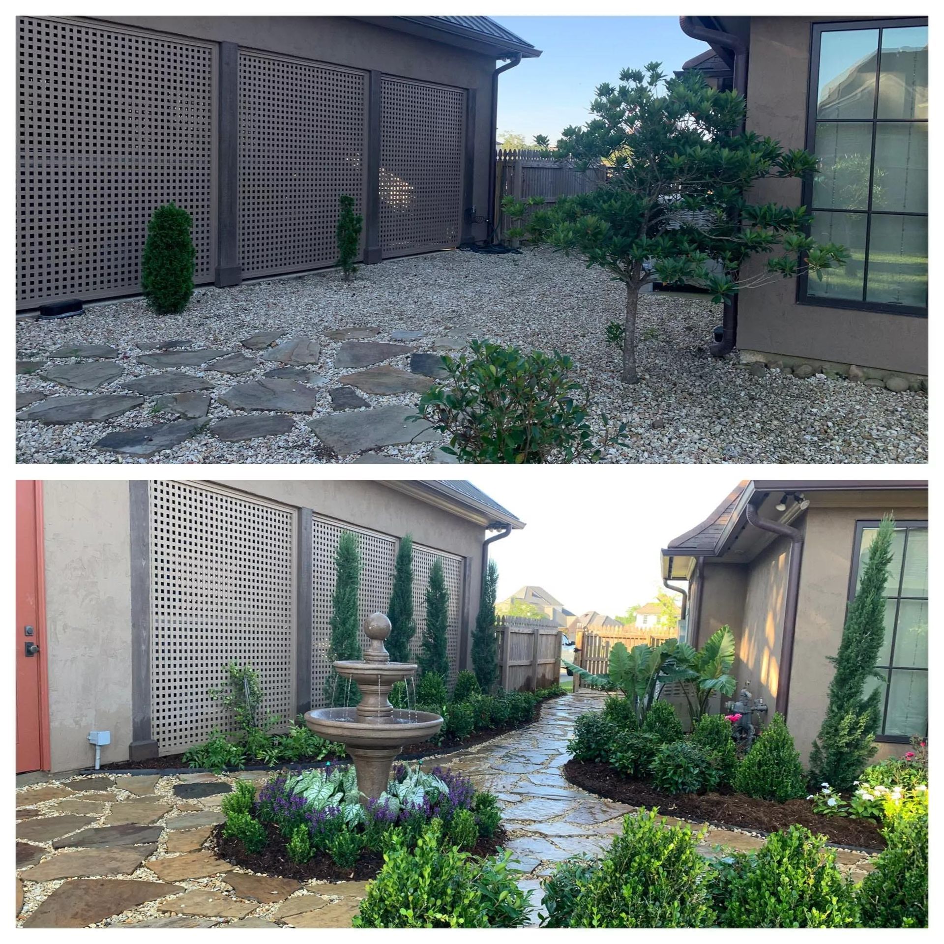 A before and after picture of a garden with a fountain
